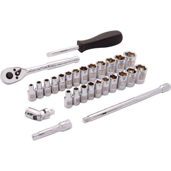 1/4" Drive 28 Piece 6 Point, SAE/Metric Standard Socket Set, 3/16" - 9/16" , 4mm - 15mm