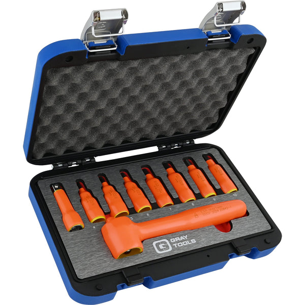 9 Piece 3/8" Drive Insulated Metric Hex Bit Socket and Attachment Set, 1000V Insulated