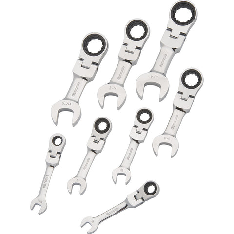 8 Piece SAE Stubby Flex Head, Combination Ratcheting Wrench Set, 5/16" - 3/4"