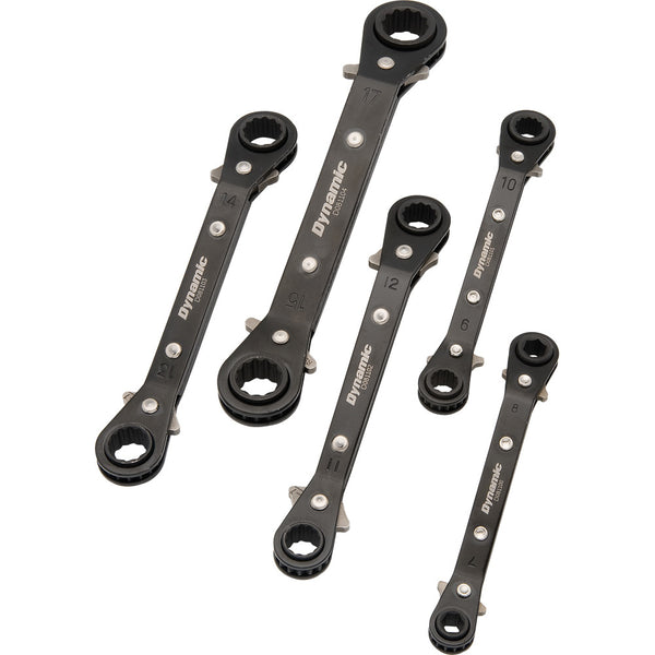 5 Piece Metric Double Box End, Reversible Ratcheting Wrench Set, 25° Offset