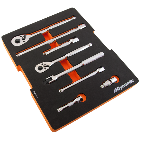 9 Piece Ratchet, Extension, U-Joint and Flex Handle Set, 3/8” and 1/2” Drive, Includes Foam Tool Organizer